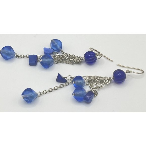 Blue Beaded Earrings Silver Tone Tassels Vintage Dangle - Picture 6 of 6